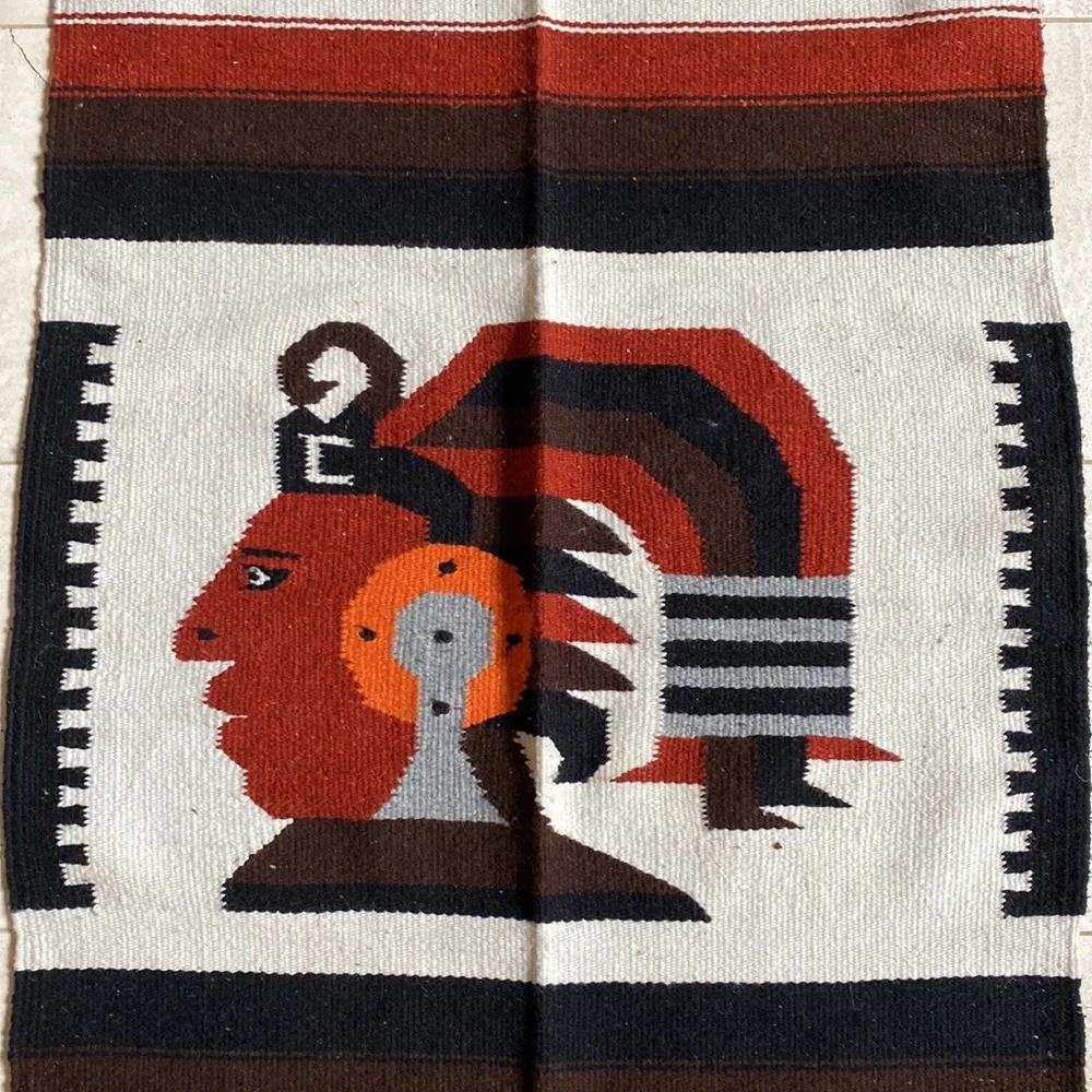 Vintage Aztec God Handwoven Wool 2 Coordinating Mexican Rug, Tapestry or Blanket